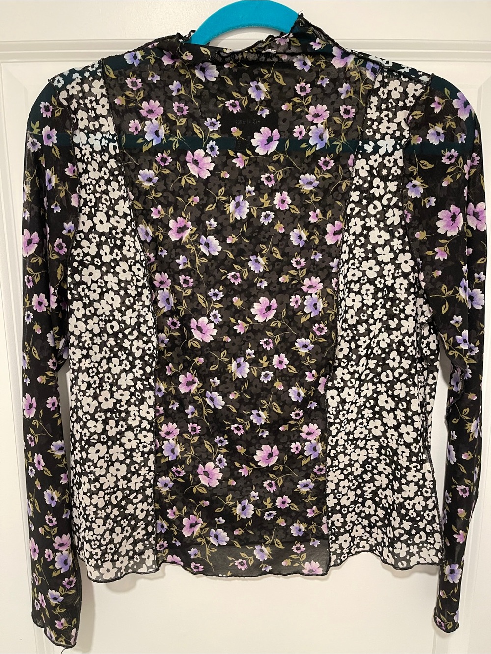 Boho Forever 21 Black and Purple Floral Sheer Blouse wear with layers